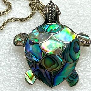925 Sterling Silver Abalone Shell Turtle Pendant Necklace & 19” chain & Earrings